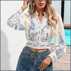 White & Blue Floral Long Sleeve Crop Top | Size M